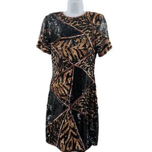 Vintage Black Silk Animal Patterned Dress with Black and Gold Sequins | Tag Size